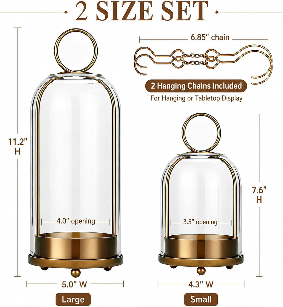 Brass Candle Holder with Glass Dome, Hurricane Glass Lantern Set of 2 | (5"x11" & 4.5"x7.6"), Hanging or Tabletop