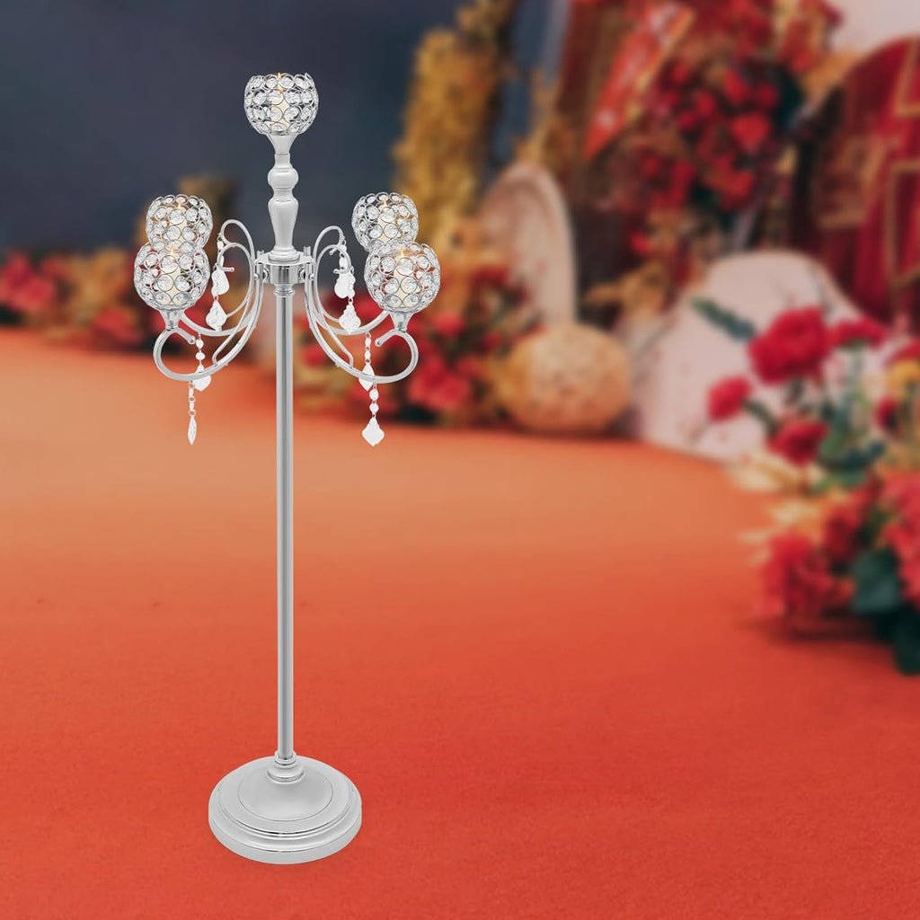 5 Arm Crystal Candelabra Centerpieces 49.21 Inch Tall Freestanding Silver Candle Holder Crystal Candle Standcoration