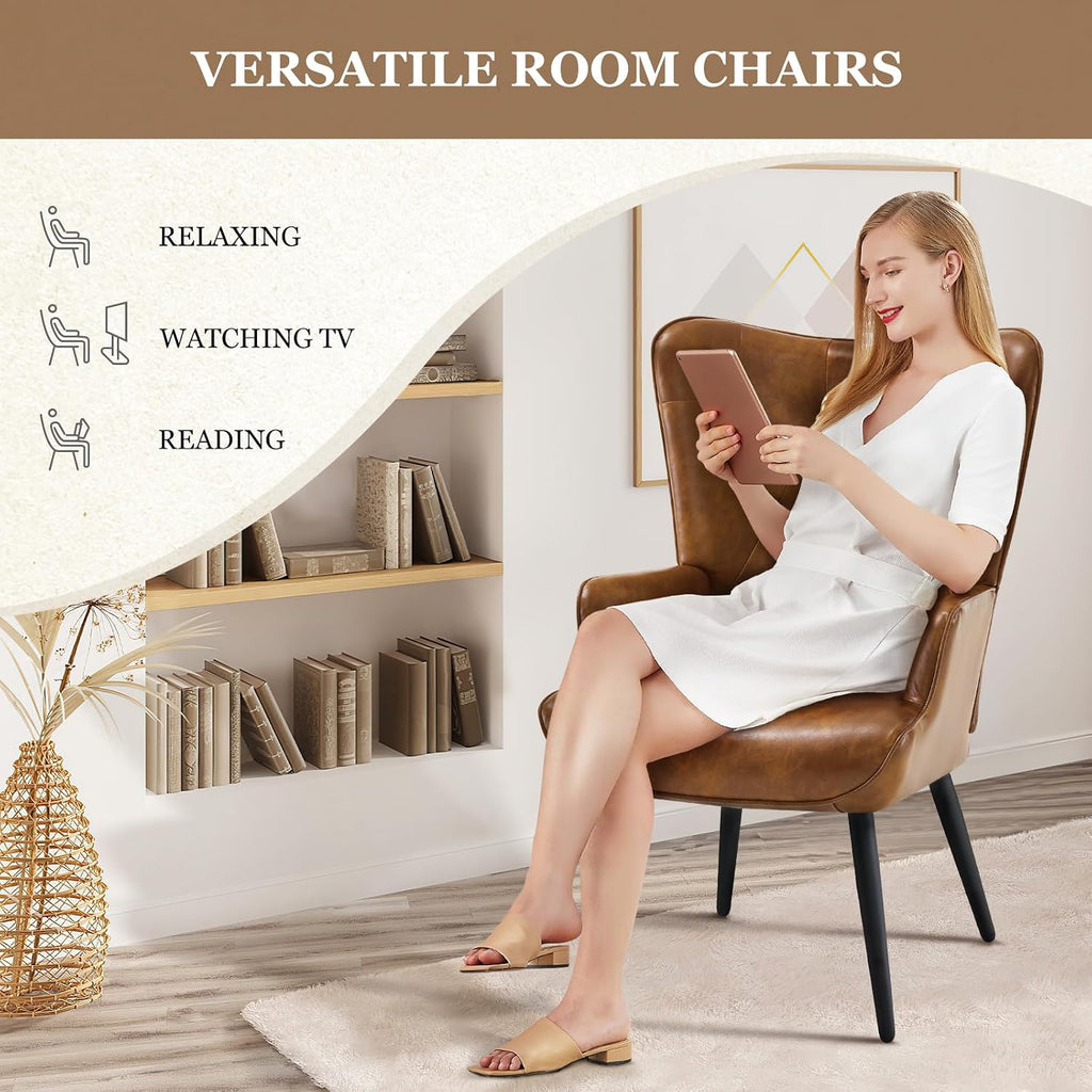 Accent Chairs Set of 2, Brown PU Leather Reading Armchair with High Backrest, Wingback Corner Chair Mid Century