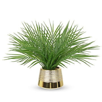 Fake Plants Artificial Palm Leaf Plant in Gold Planter - 15'' Tall Faux Tropical Greenery in Brushed Gold Pot for
