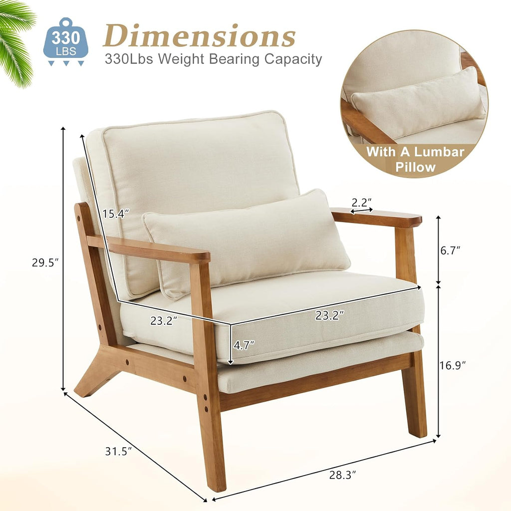 Solid Wood Wide Armrests Accent Chair,Upholstered Mid Century Modern Chair with Pillow,Comfy Reading Chair Farmhouse