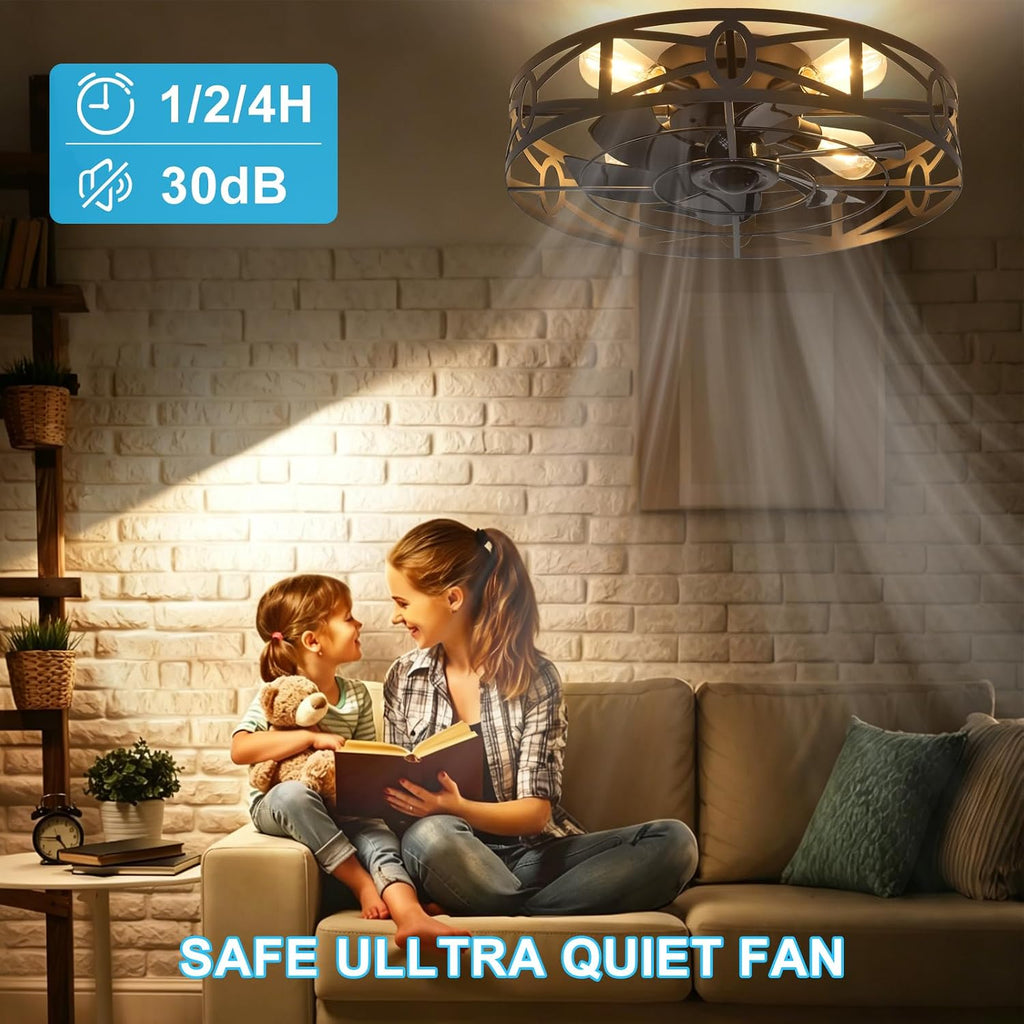 Flush Mount Ceiling Fan: 20" Caged Ceiling Fans with Remote Control - Low Profile Fandelier Lights Fixture Reversible