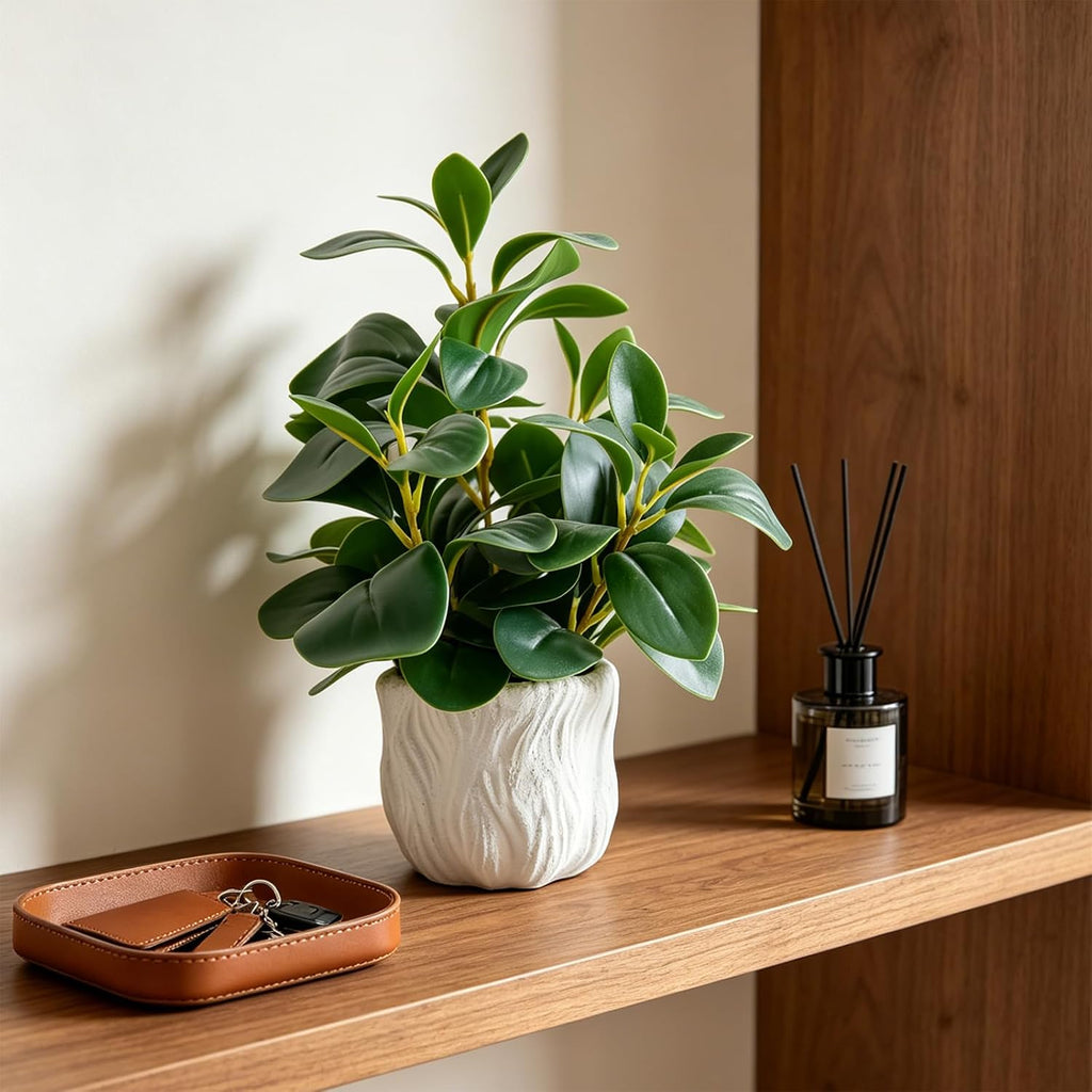 14" Artificial Potted Plant with Thick Leaves in White Textured Pot | Realistic Thick Leaves , Compact Desk & Shelf