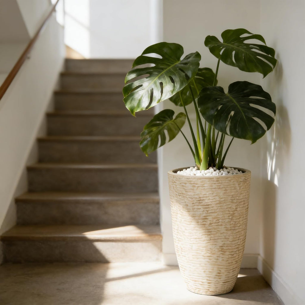 9 Gallon Tall Round Planters Set of 2-14" Dia x 21" H Stone Finish Flower Pots Indoor Decorative Container Garden