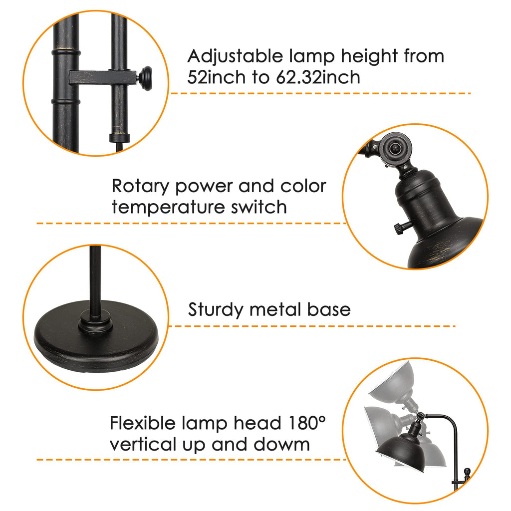 Industrial Floor Lamp, Farmhouse Reading Lamp with 3CCT Bulb