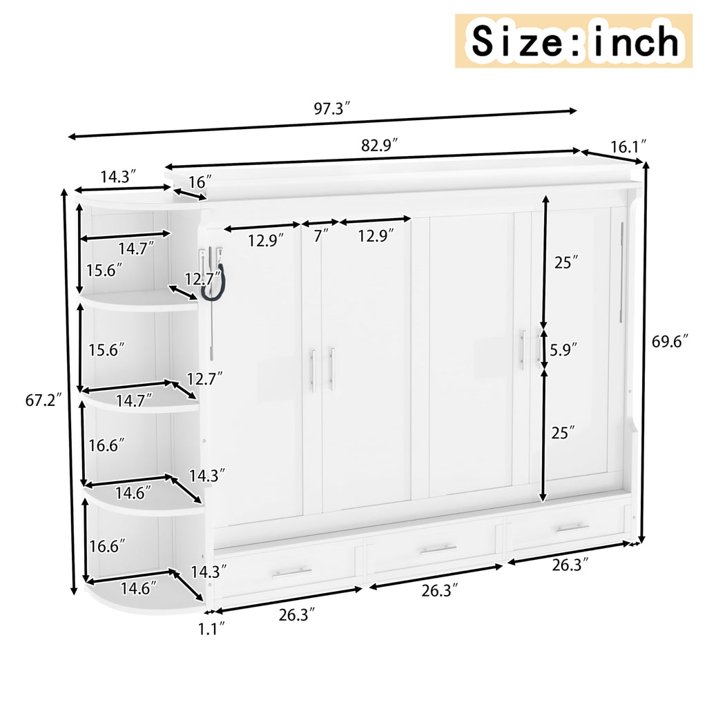Full Size Horizontal Cabinet Murphy Bed with Side Cabinets, White