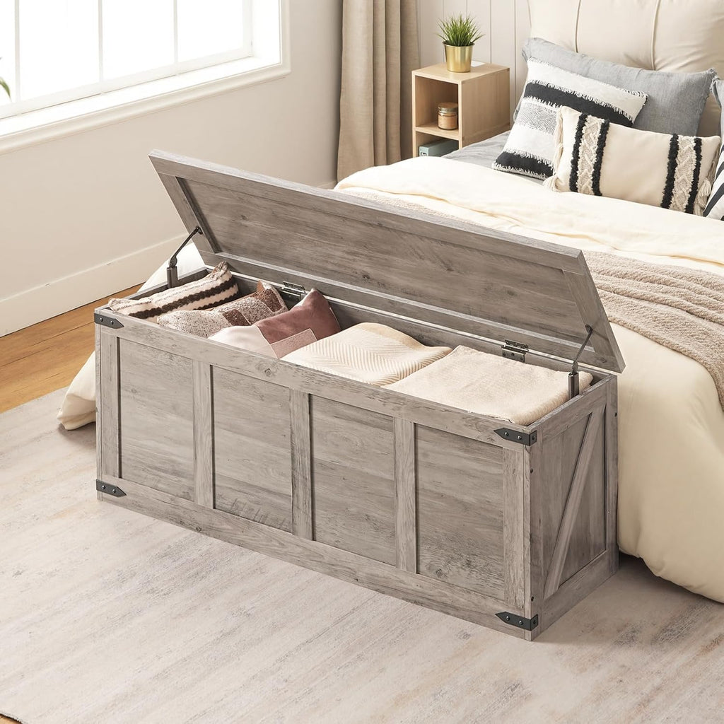 Storage Bench, 47.2"Toy Box Organizer with Safety Hinges, Farmhouse Wooden Storage Chest, Greige BG520CW01