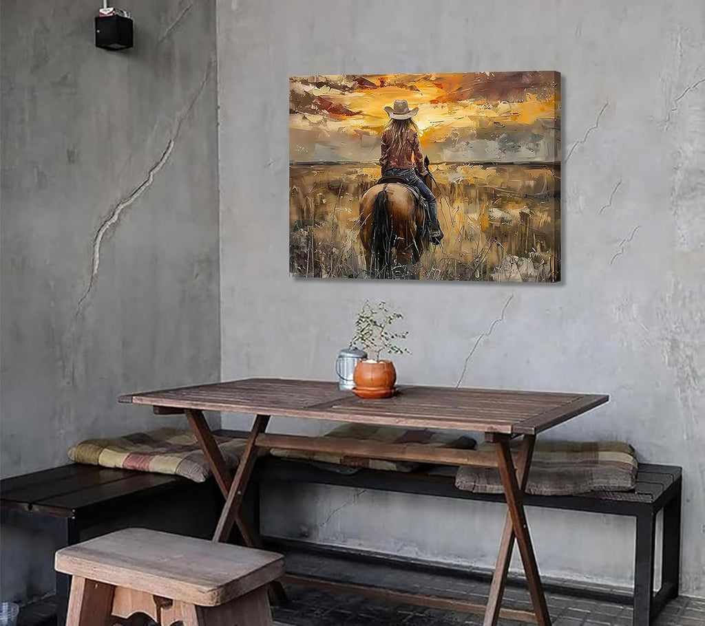 Western Cowgirl Riding Horse Canvas Wall Art Cowgirl Wall Decor Pictures Sunset Countryside Landscape Painting Print