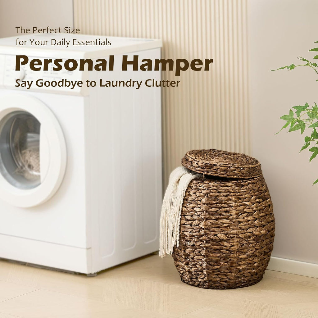 Round Wicker Basket with Lid, Handwoven Water Hyacinth Storage Basket, Blanket Organizer Basket for Laundry