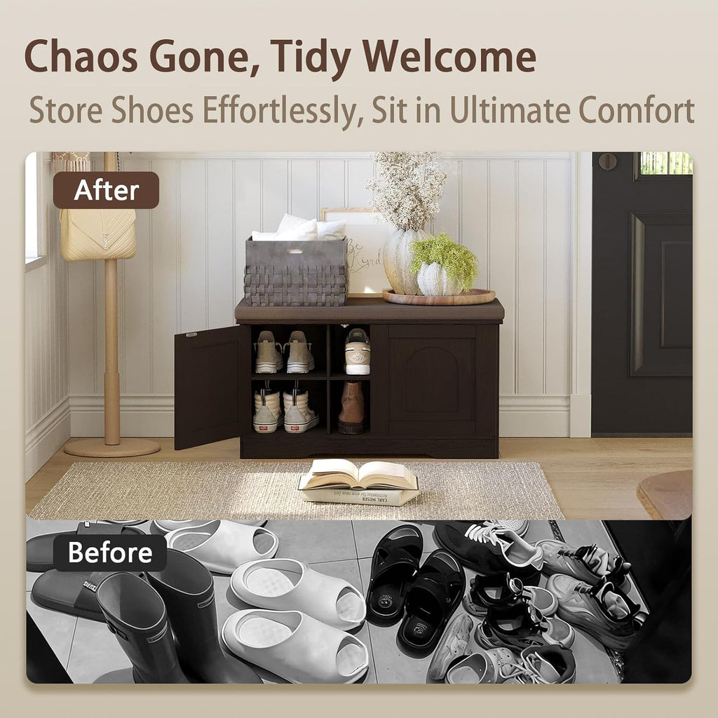 Shoe Storage Bench with Cushion, Entryway Bench with Seat & Doors | 2-Tier Shoe Cabinet Bench Fits 6 Pairs