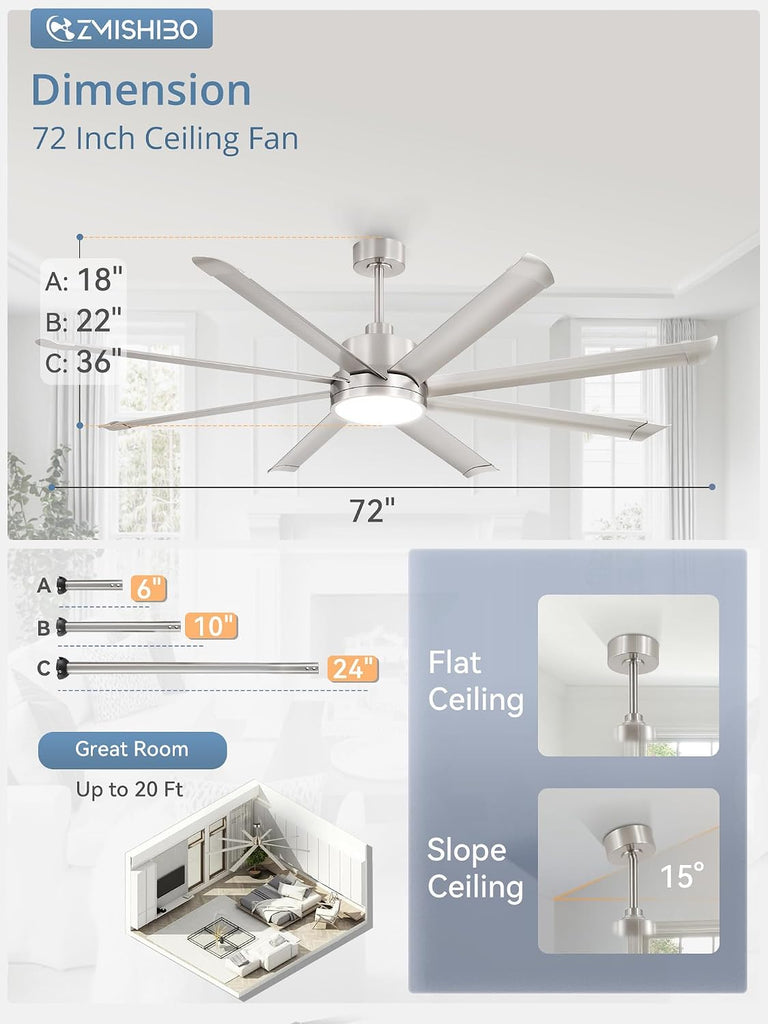 72" Ceiling Fan with LED Light and Remote - Nickel