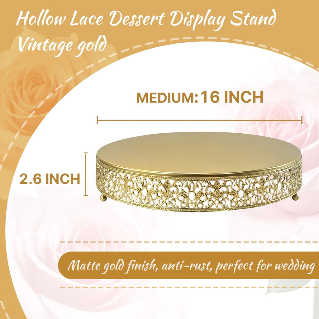 16 Inch Luxury Light Gold Cake Stand, Round Metal Dessert Display with Ornate Filigree Lace, Dual‐Coated Premium