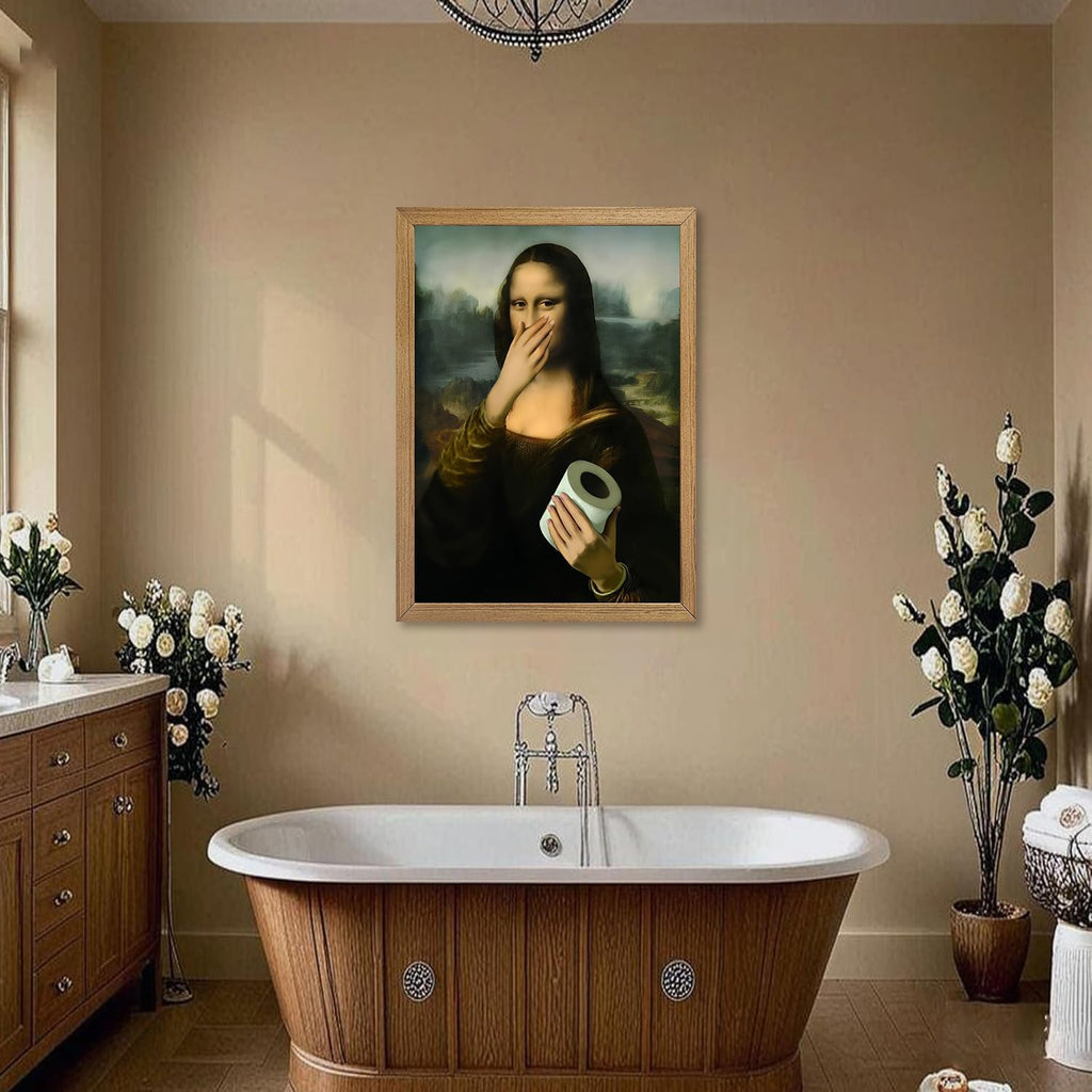 Wood Framed Funny Bathroom Canvas Wall Art Vintage Mona Lisa Wall Decor Humor Toilet Paper Pinching Nose Prints
