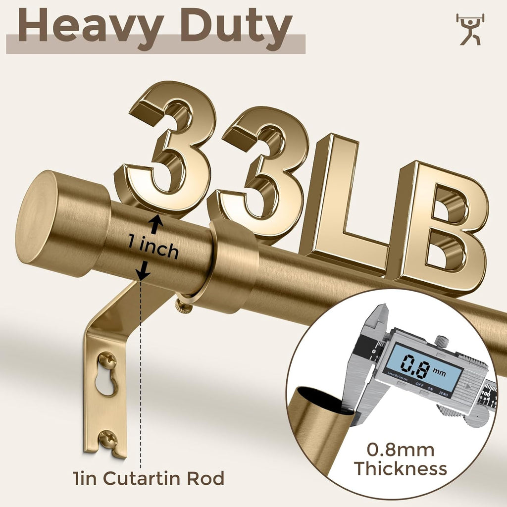 Warm Gold Curtain Rod, Heavy Duty Brass Curtain Rods for Window, 1" Diameter Adjustable Window
