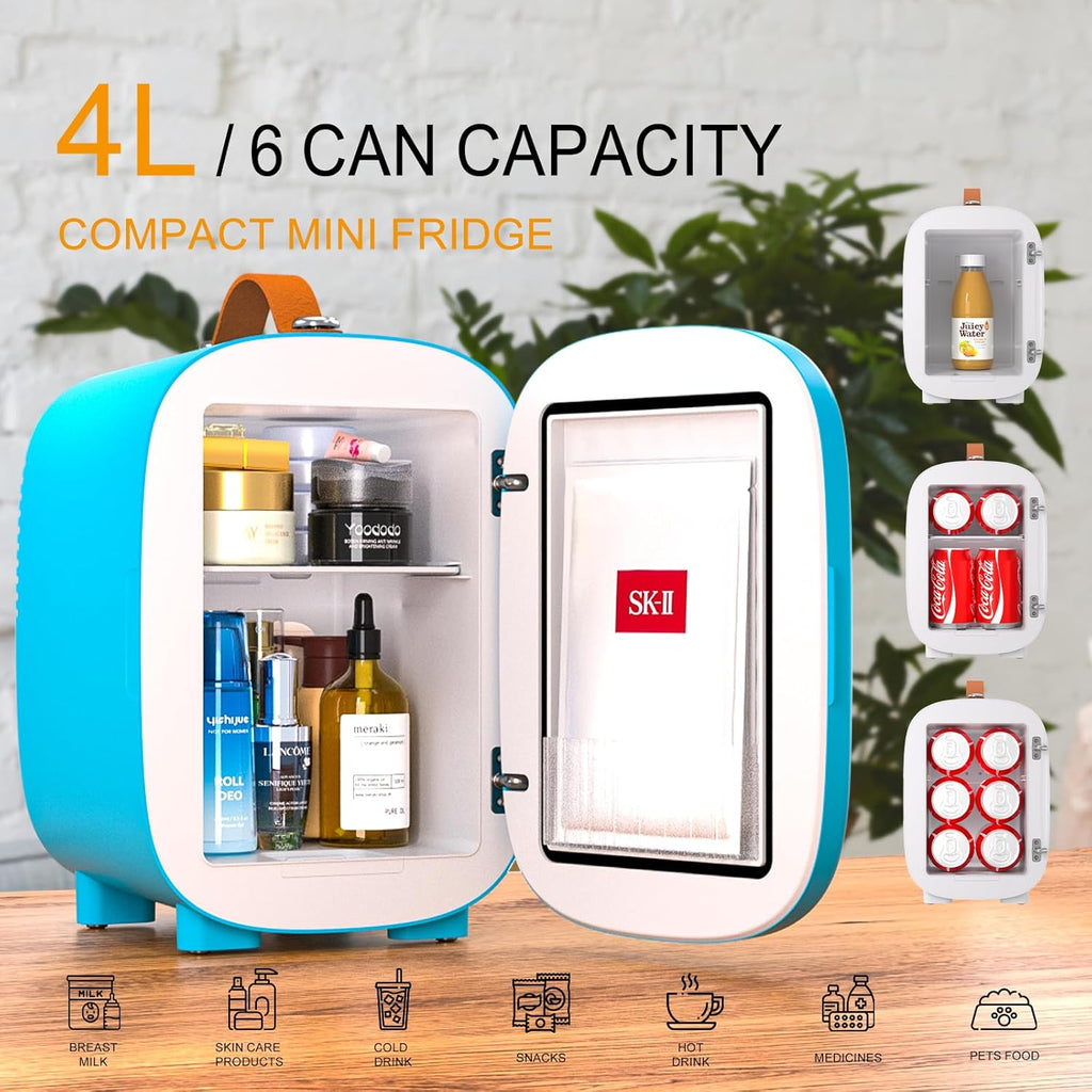 Mini Fridge for Bedroom Skincare Cooler & Warmer Portable Small Refrigerator 4 Liter/6 can with 12v AC/DC/USB Option