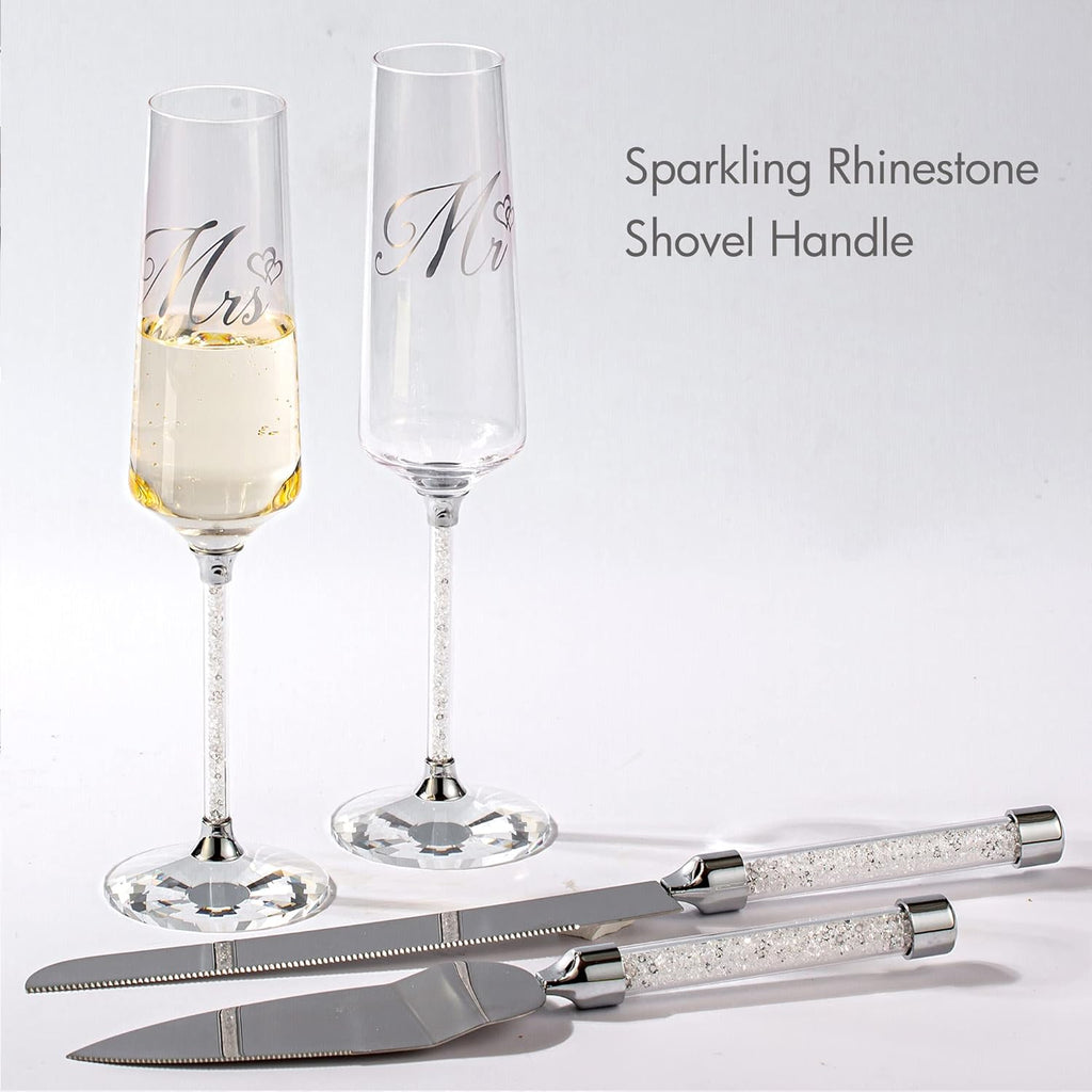 Wedding Cake Knife and Server Set, Mr and Champagne Flutes with Wedding Cake Cutting Set for Bride and Groom Toasting