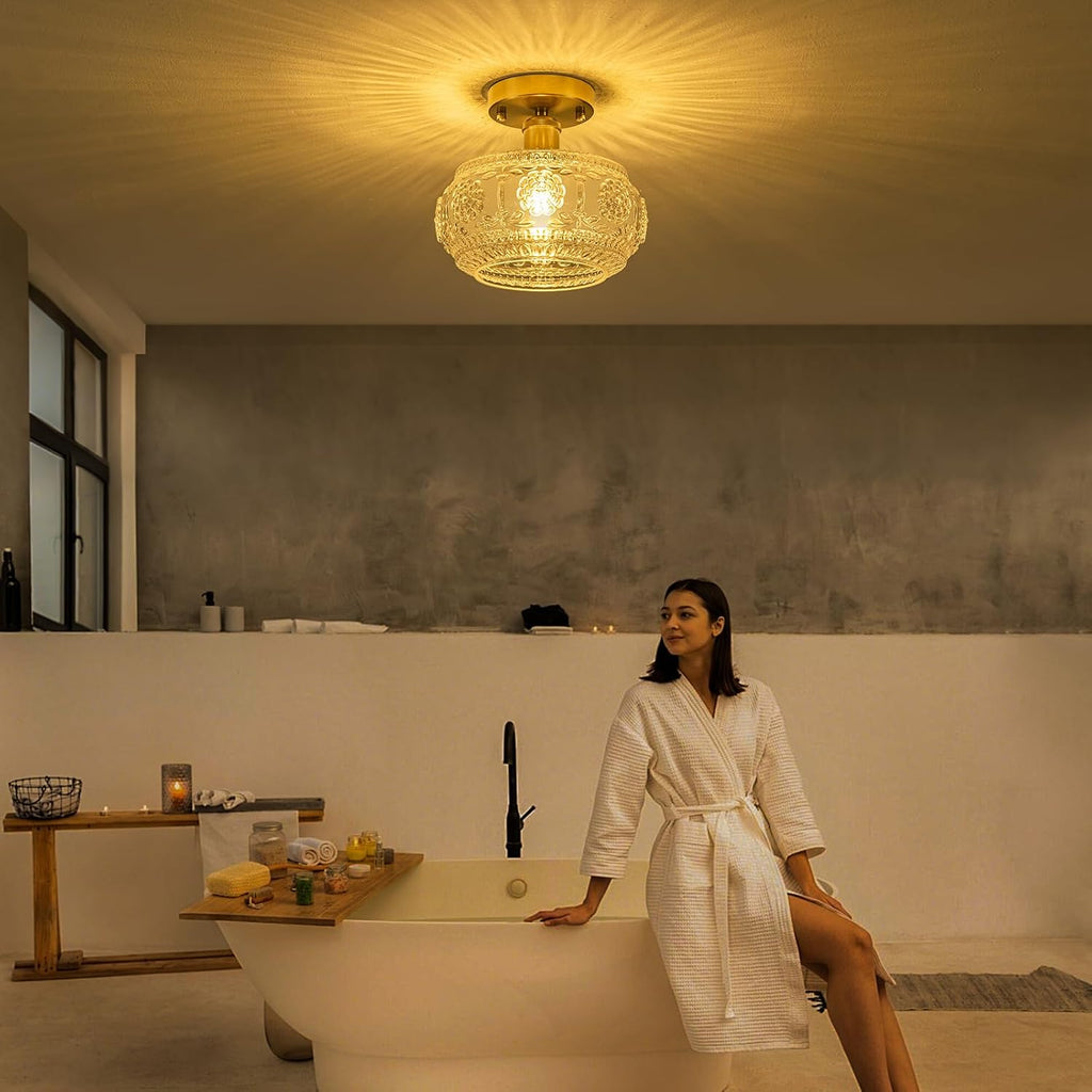 Semi Flush Mount Ceiling Light Fixture - Brass & Floral Glass Shade, Vintage Modern Lighting (Bulb Not Included)
