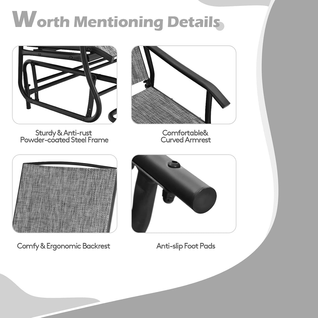 2 Person Outdoor Glider Bench w/Tempered Glass Table, Swing Patio Glider Chair with Steel Frame & Breathable Seat