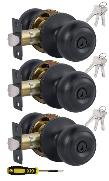 3 Pack) Entry Door Knobs with Lock and Keyed Alike, Interior/Exterior Flat Ball Door Locks /Bathroom/Front/Offic