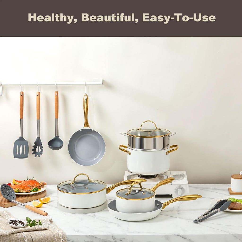 Ceramic cookware set,Healthy,Non Toxic,Pots and Pans Set non stick,14-Pcs Kitchen induction cooking Sets, nonstick