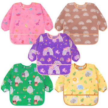 5 Pack Long Sleeve Bibs, Baby Smock Waterproof Sleeved Bib Smock for Baby Toddler 6-24 Months