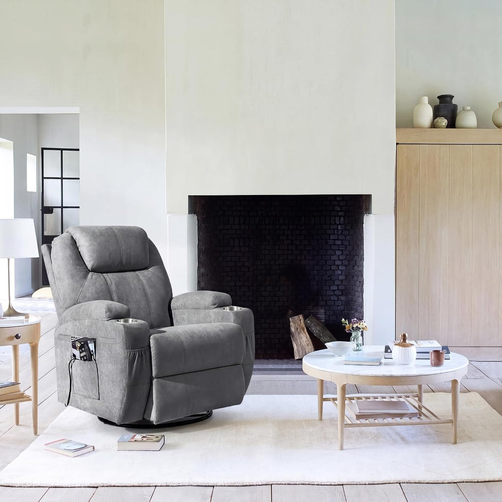 Rocking Chair Recliner Chair with Massage Swivel Ergonomic Lounge Chair Classic Single Sofa with 2 Cup Holders Side