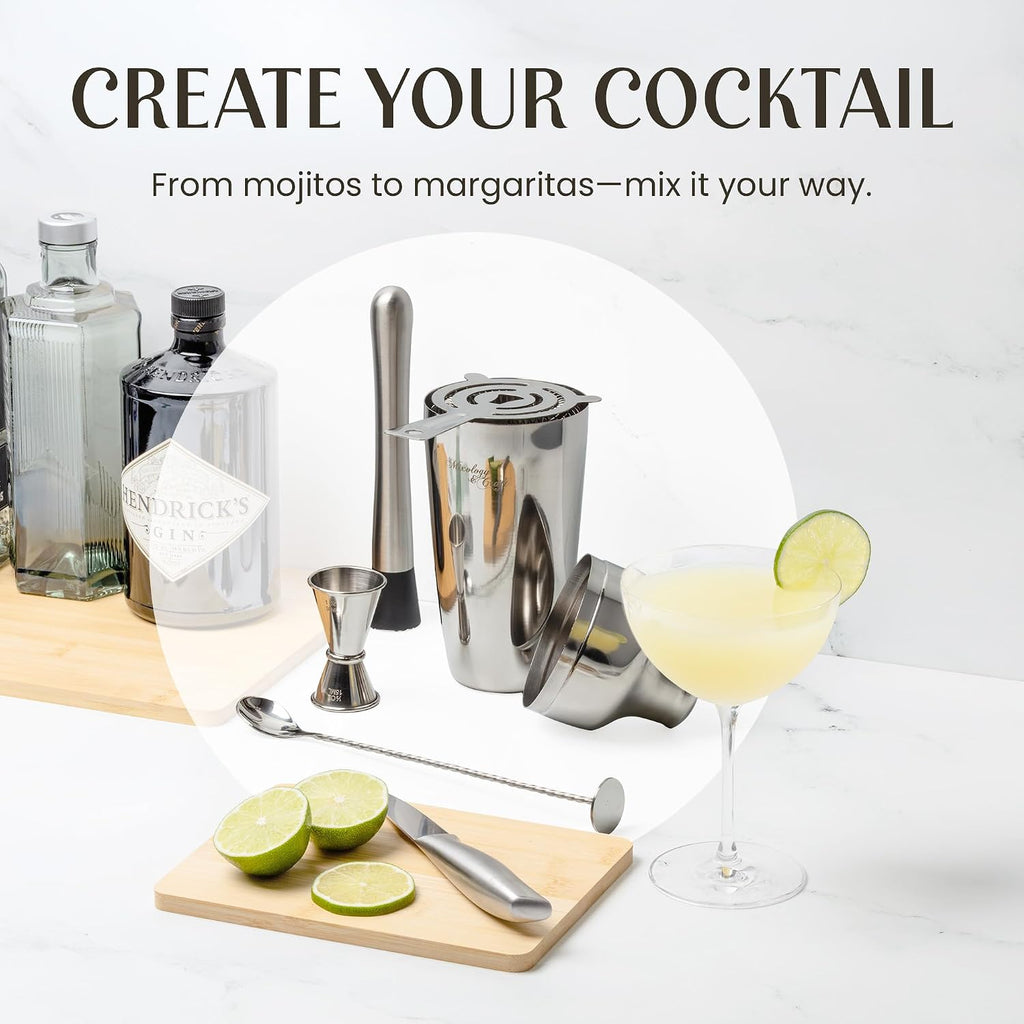 Cocktail Shaker Set with Dark Bamboo Stand - Professional 10-Piece Bartender Kit - Complete Bar Set & Cocktail Mixer