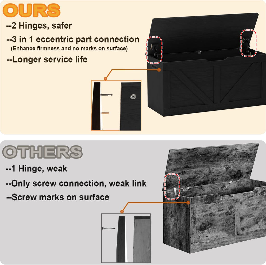 39.4" Storage Chest, Wooden Storage Bench, Large Storage Trunk | Entryway Shoes Bench with 2 Safety Hinges, Black