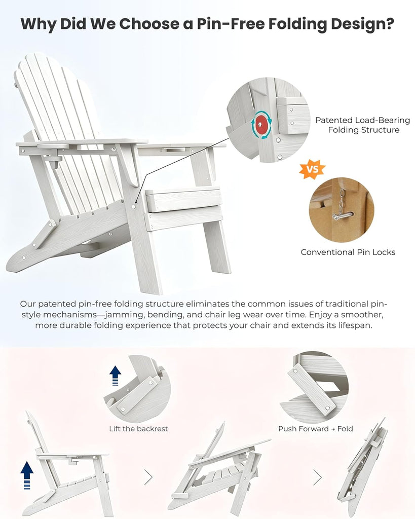 Fold Adirondack Chairs Set of 4, Double Cup Holders, White | HDPE Patio Chair, All Weather Fire Pit Chairs, 380lbs