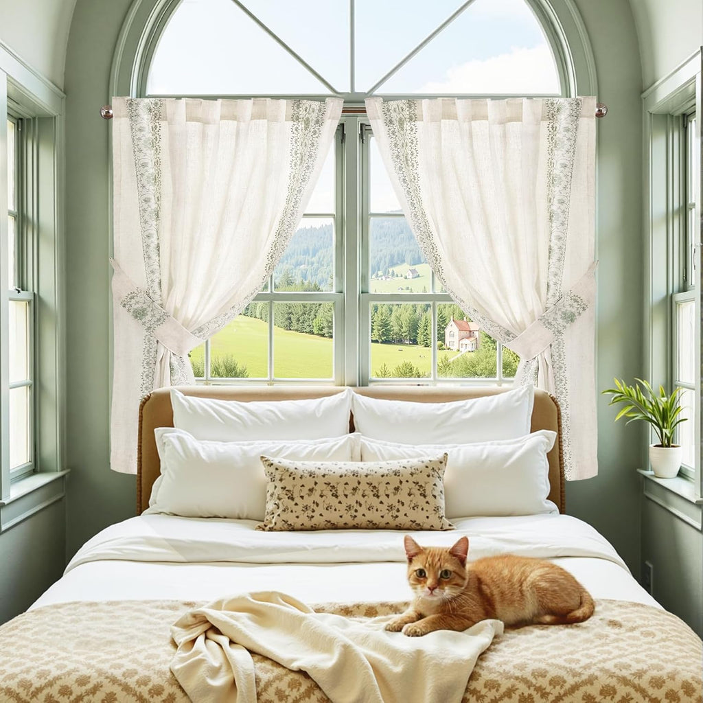 Small Window Curtains Linen Cafe Curtains for Kitchen Bathroom Bordered Floral Embroidered Short