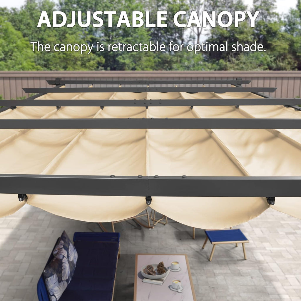 12' X 16' Outdoor Pergola with Retractable Canopy Aluminum Shelter for Porch Garden Beach Sun Shade Pavilion Grape