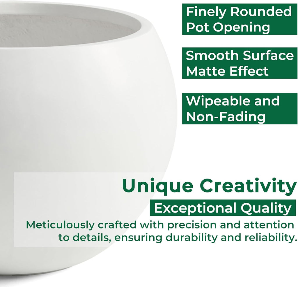 19.3"Dia x 13"H Large Fiberstone Sphere Planter, White Round Pot | 15" Opening, Drainage Hole & Plug, Wheathered
