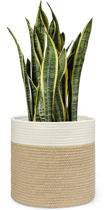 Plant Basket Indoor for 12 inch Pot Woven Jute Planter, White & Beige