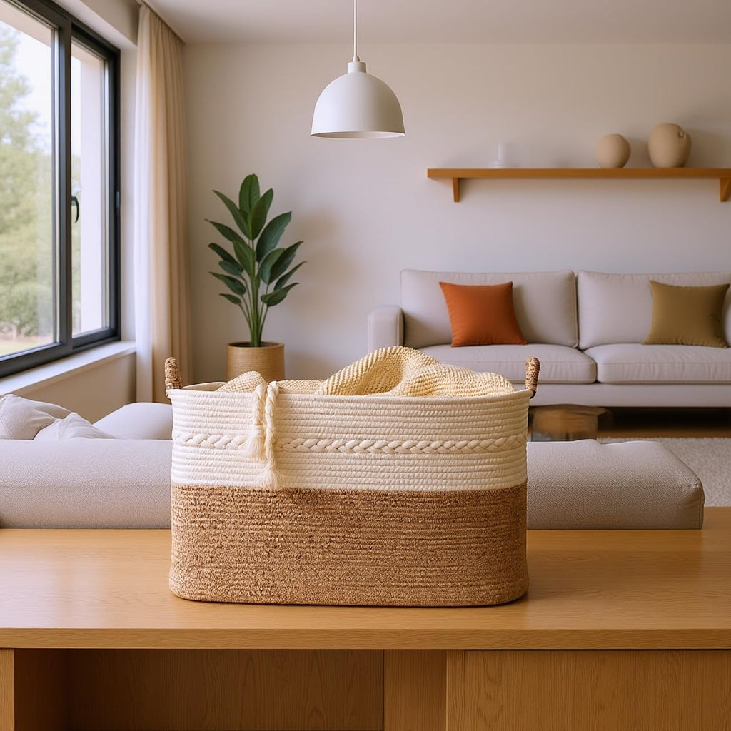 Extra large laundry basket woven from natural cotton rope with handles storage blankets for living rome big