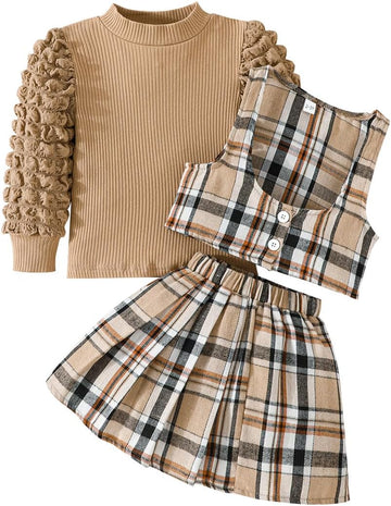 Toddler Girls Fall Winter Outfits Girls Puff Sleeve Knit Ribbed Tops Button Down Vest Plaid Skirt Set Fall Clothes