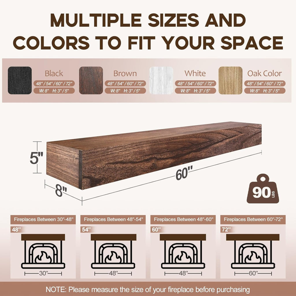 Shelf, 60×8×5 Inch Wooden Floating Shelf for Over Fireplace, Handcrafted Wood Mantels, Wall-Mounted Mantel Shelves