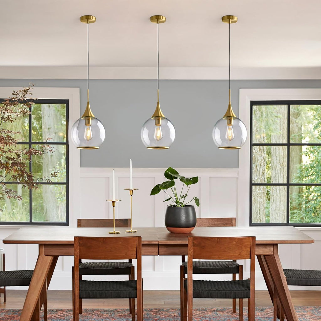 Pendant Lights Kitchen Island: Brushed Gold Light Fixture Farmhouse with Clear Glass - 10 Inch Mid Century Globe
