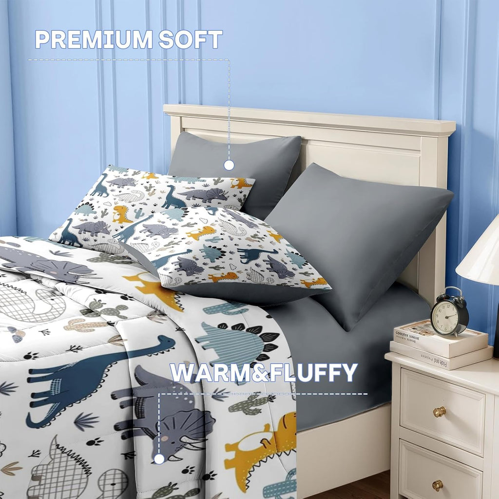7 Pcs Comforter Set, Cute Dinosaur Dino Bedding for Kids Teen, Blue Yellow Dragon with Fitted Sheet 2