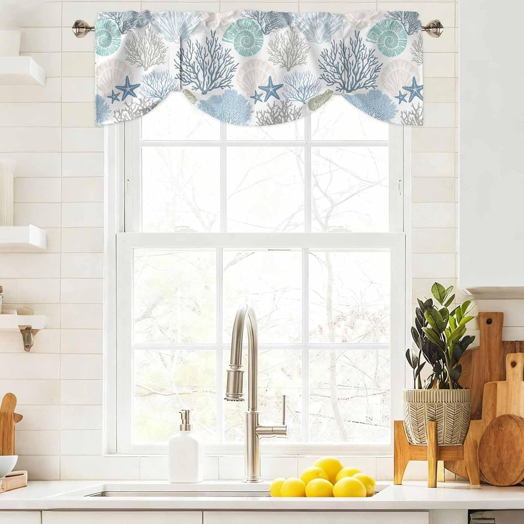 Tie Up Valance for Windows Nautical Coastal Ocean Coral Curtains Valances Rod Pocket Valance Window Treatments Beach