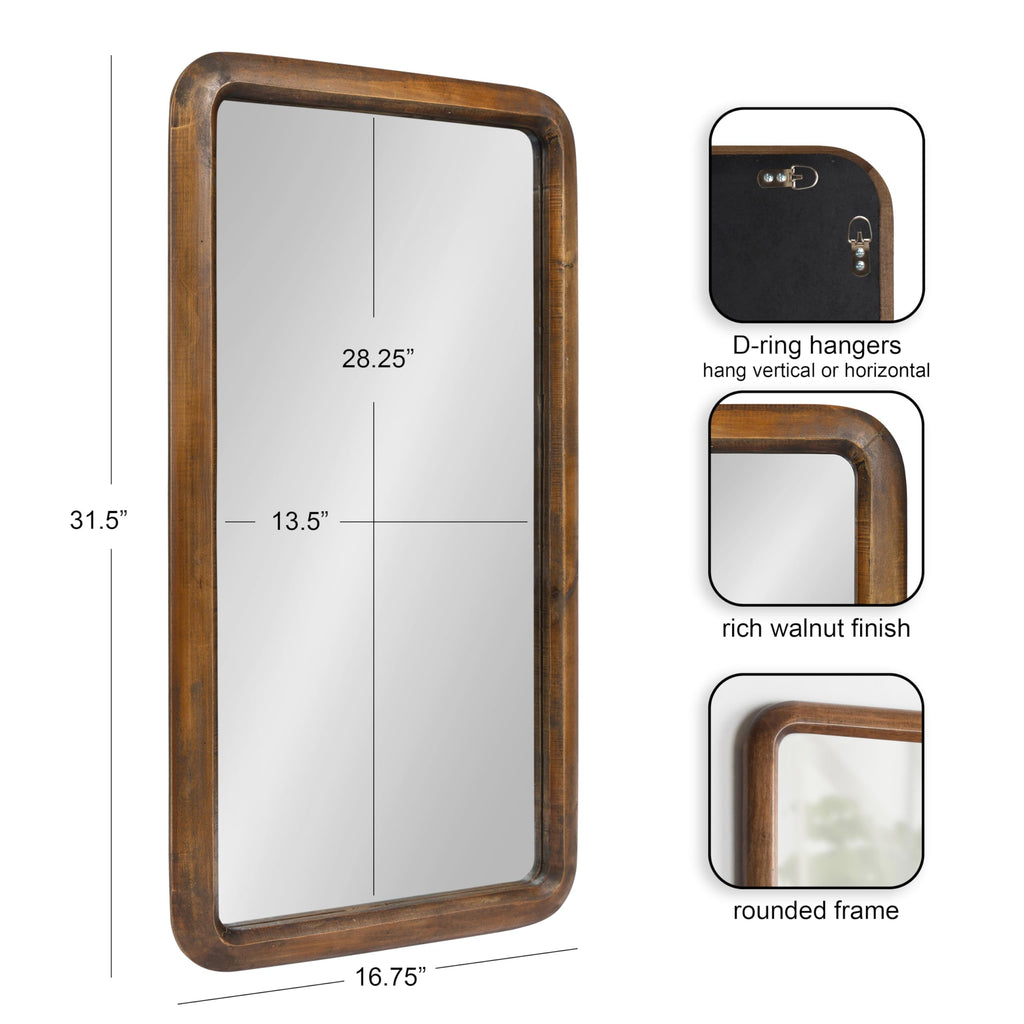 Pao Modern Rounded Rectangular Wall Mirror, 17 x 32, Walnut, Decorative Mid-Century Tall Wood Mirror with Radius