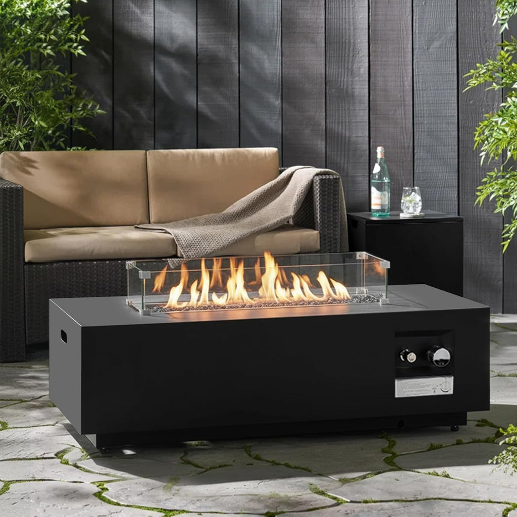 42'' Outdoor Propane Fire Pit Table, 50,000 BTU Rectanle Natural Gas Fire Pits with Tank Cover Wind Guard