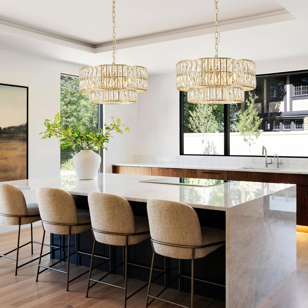 20'' Modern Gold Crystal Chandelier Luxury Semi Flush Mount Ceiling Light Fixtures 6-Lights Round Crystal Pendant