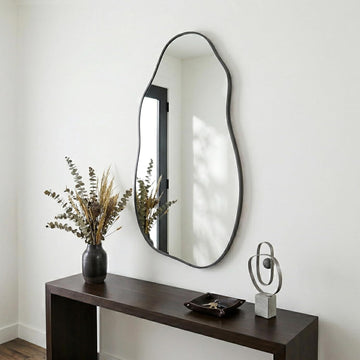 Irregular Wall Mirror 30"x16.5", Small Asymmetrical Mirror for Wall Decor, Matte Black Rust Proof Aluminum, Tempered