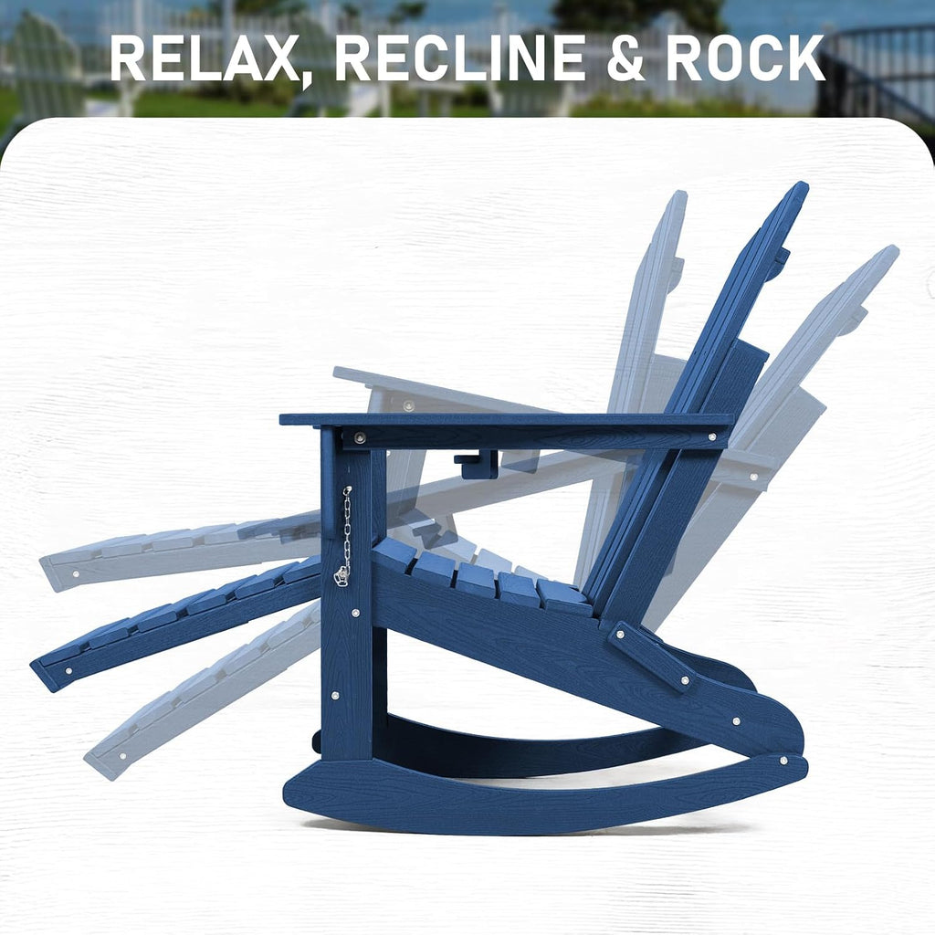 Adirondack Rocking Chair, Porch Rocker with Ottoman & Cup Holder | Multifunctional 4-in-1, Wood-Grain, HDPE All
