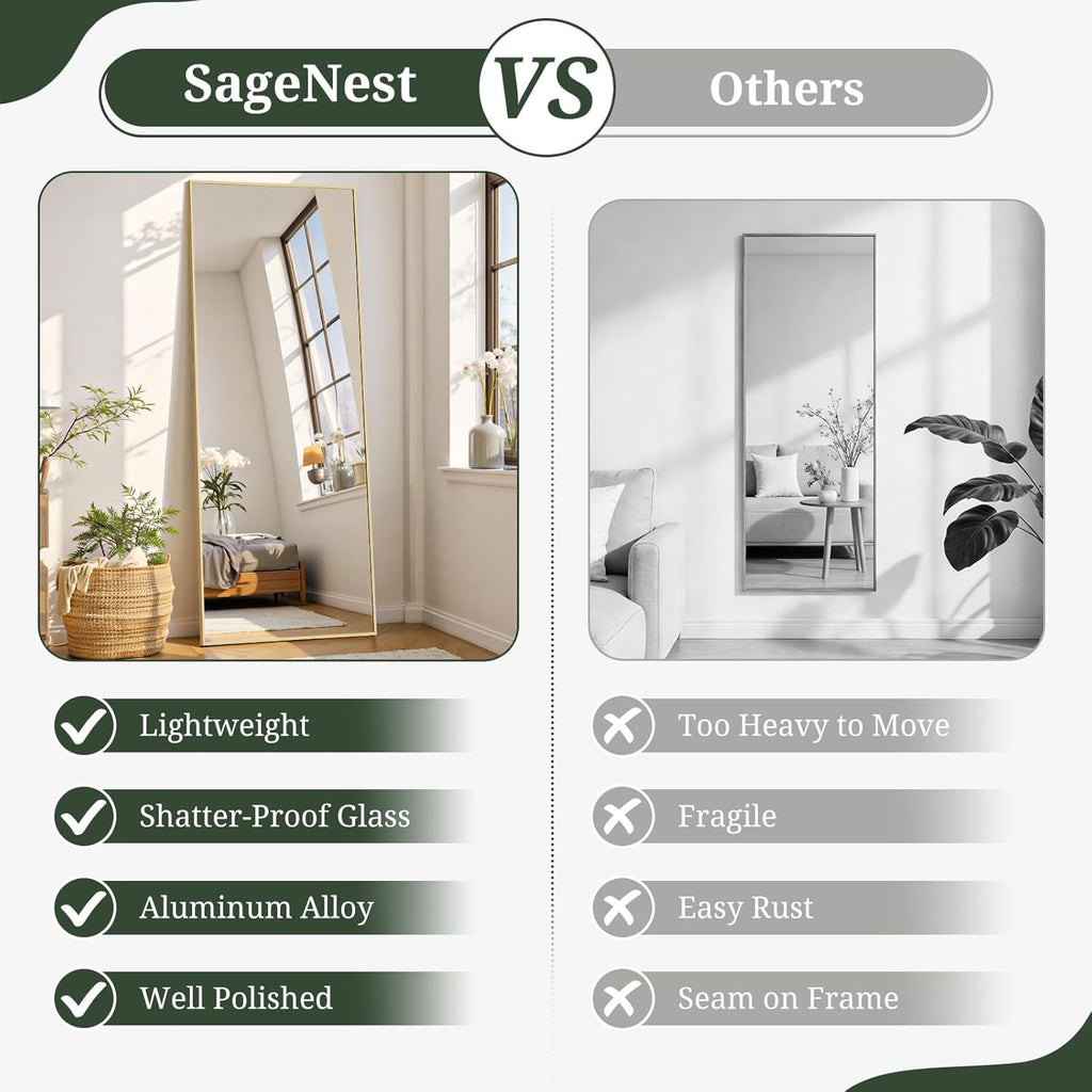 Mirror Full Length 64"x21" Full Body Floor Mirror with Stand, Shatterproof Glass, Aluminum Alloy Frame, Free Standing