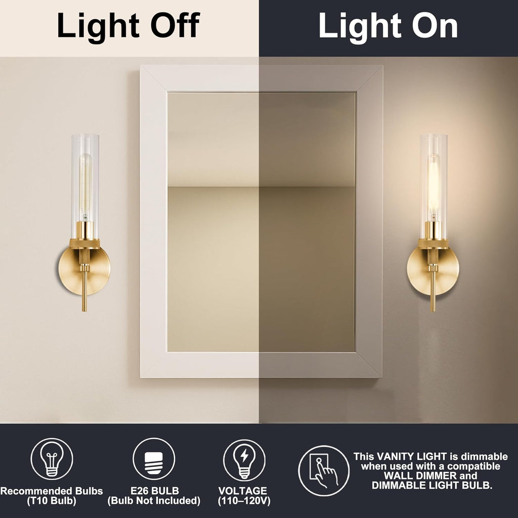 Gold Bathroom Light Fixtures Over Mirror, Hardwired Vanity Lights Set of 2 with Knurled Texture, Brushed Gold Wall