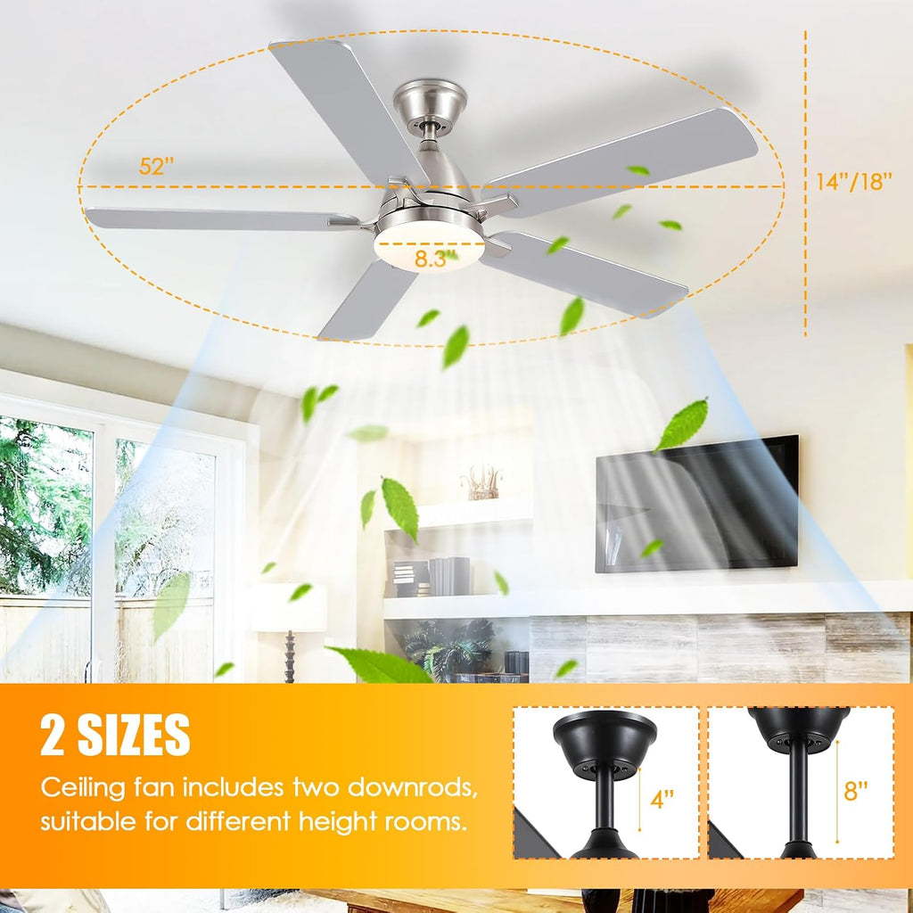 Ceiling Fans with Lights, 52 Inch Low Profile Ceiling Fan with Light and Remote Control,Reversible, 3CCT, Dimmable, Quiet, Brushed Nickel Ceiling Fan for Bedroom Indoor/Outdoor Use