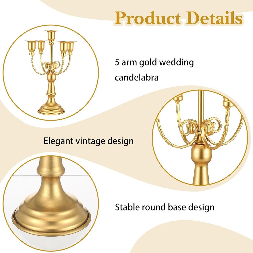 Set of 2 Gold Candelabra Centerpieces - 5 Arm 10" Iron Candle Holders for Taper Candles, Vintage Metal Candlestick