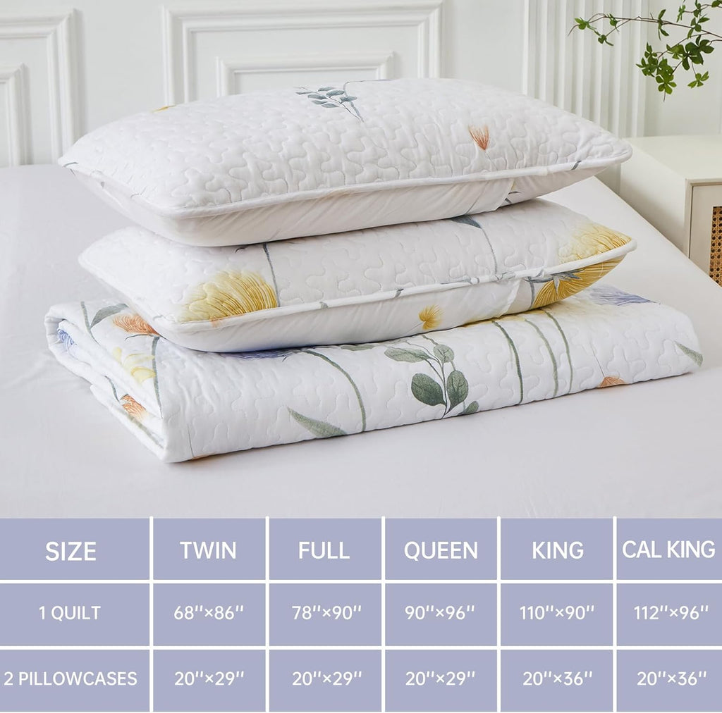 Floral Quilt Set 3 Pieces Blue & Yellow Quilts Bedding Set Bohemian Bedspread Bed Cover Lightweight Spring