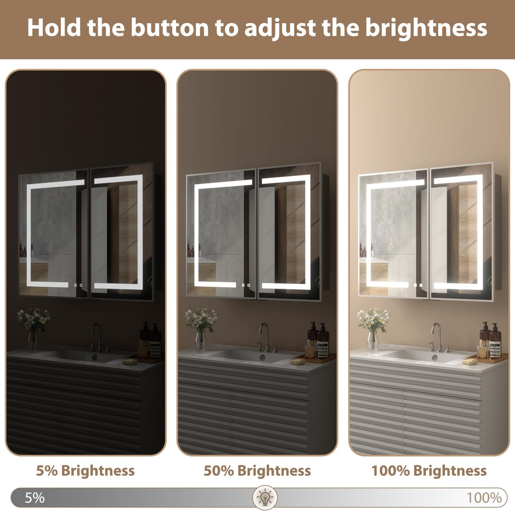 Led Medicine Cabinet with Mirror, Bathroom Vanity Mirror Cabinet with Shelves, 3-Color Lights Dimmer (Silver, 30" H x